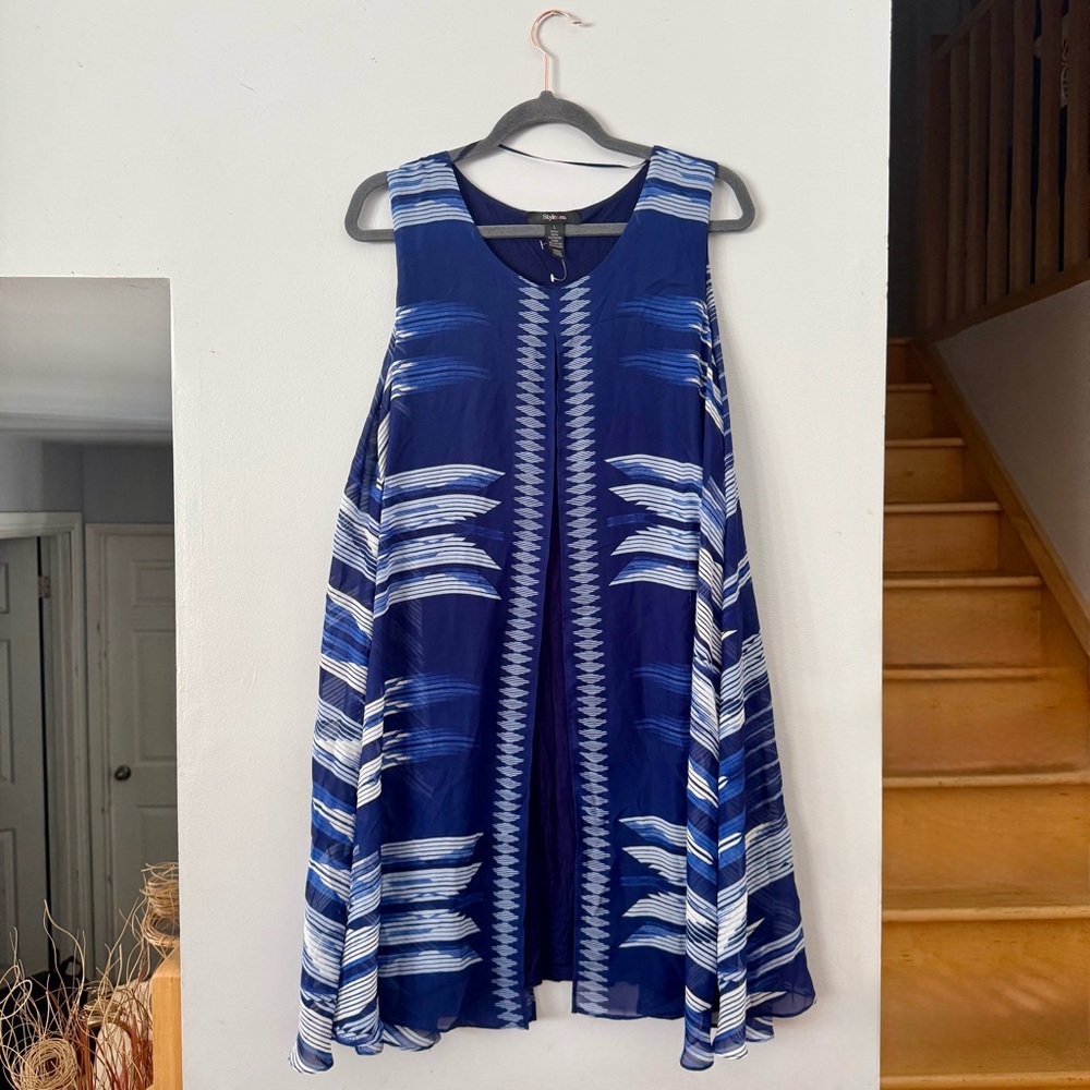 Style & Co Coastal Boho Layered Tunic | Blue Feathered Print